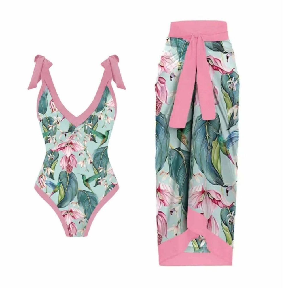 Floral Vintage Inspired Swimsuit with Long Wrap Skirt Cover-Up